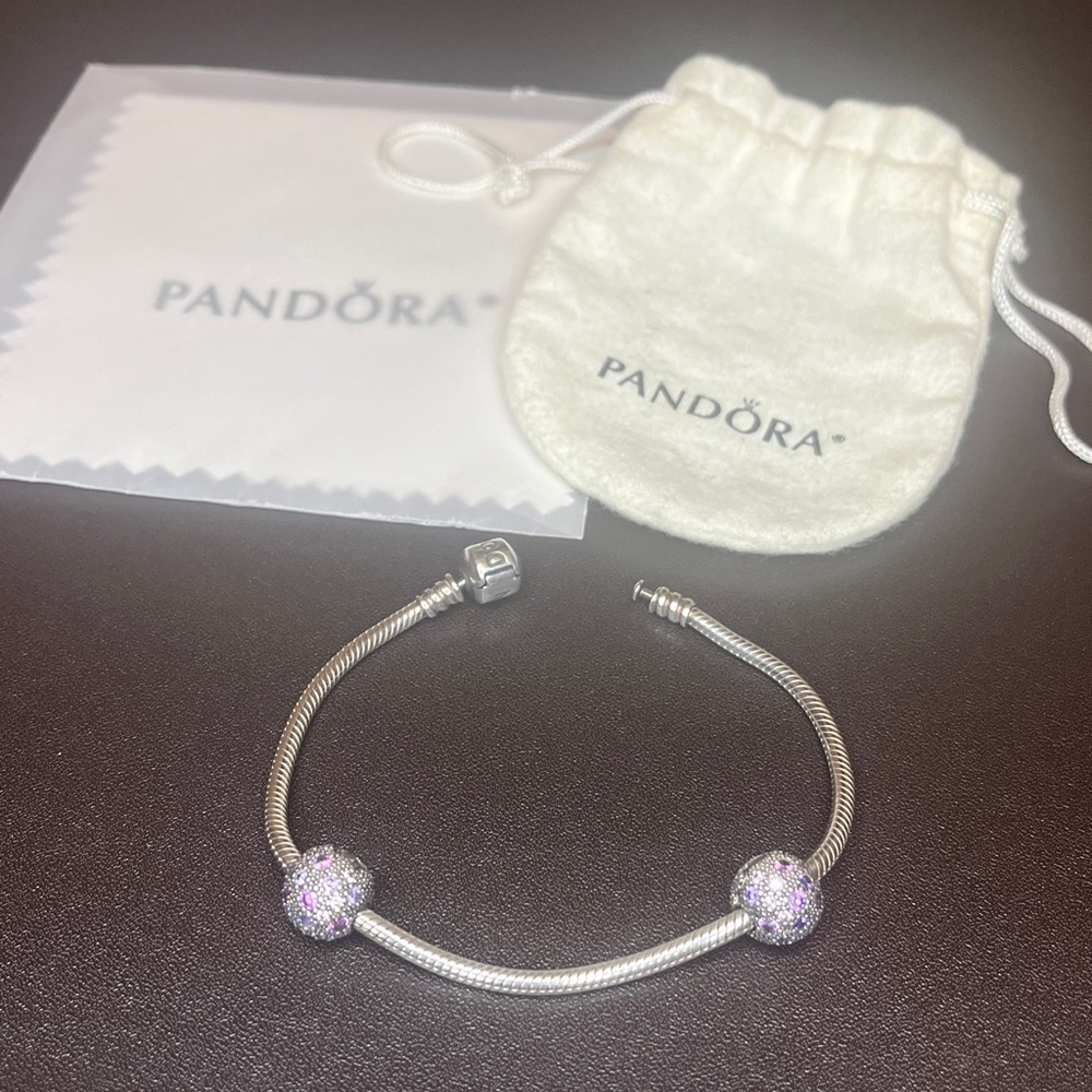 Pandora Charm Bracelet with 2 Purple Cosmic Stars Clip Charms